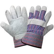 Side Leather Palm Glove, Blue Fabric w/Stripes, 4 ?? Rubberized Gauntlet Cuff, Mens, Dozen